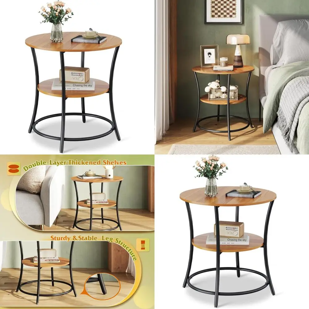 

Rustic Walnut Round Side Table with 2 Shelves for Small Spaces, Ideal for Living Room, Bedroom, or Nightstand