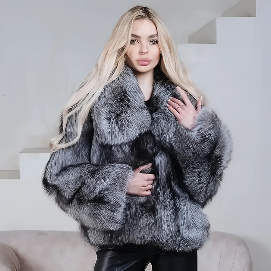 Women Fox Fur Coat With Lapel Genuine Fox Fur Jackets Real Silver Fox Fur Coat 2024 Best Selling