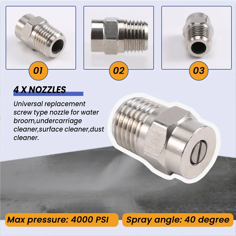 

AB33-4 Pcs Pressure Washer Surface Cleaner Nozzle Replacement Thread Type Spray Nozzle To Water Broom And Undercarriage Cleaner,