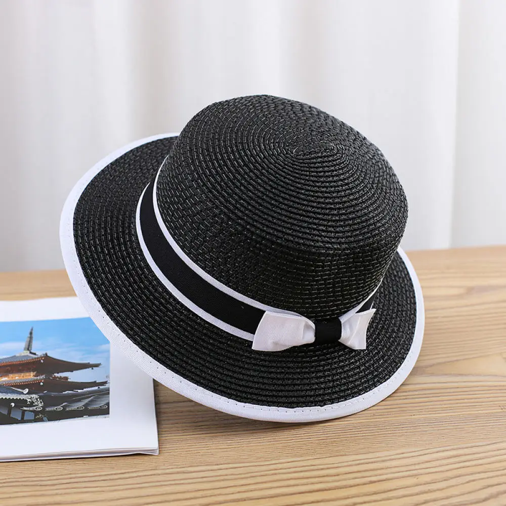 Fashion Women Summer Straw Hat Flat Top Fedora Breathable Beach Cap Sun Shade Vintage Style Bowknot Outdoor Headgear