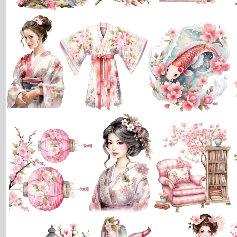 17PCS Watercolor Pink Kimono Girl Sakura Hand Account Stickers  Dessert Scrapbooking  /decorative  /DIY Craft Photo Albums