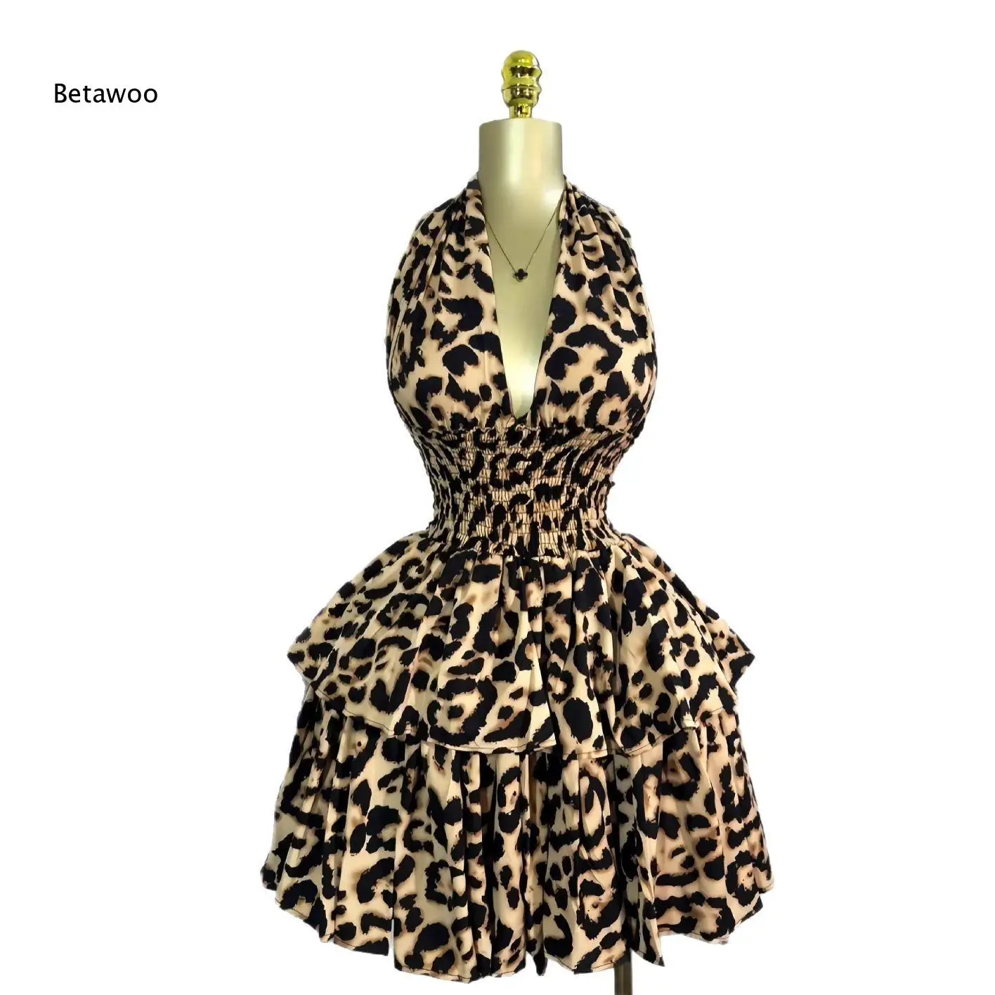 

Trendy Vintage Leopard Print Halter Deep V Tiered Ruffle Short Dress