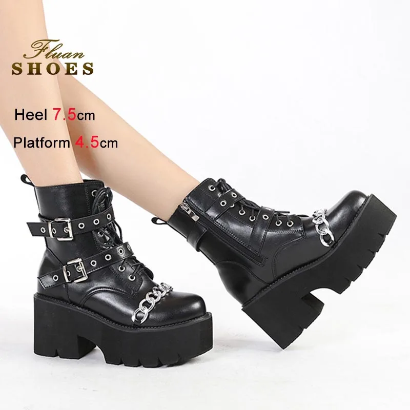 

Fashion Short Boots Women Thick Platform Knight Boots Foreign Trade High Heeled Ankle Boots Black Metallic Chain Platform Shoes
