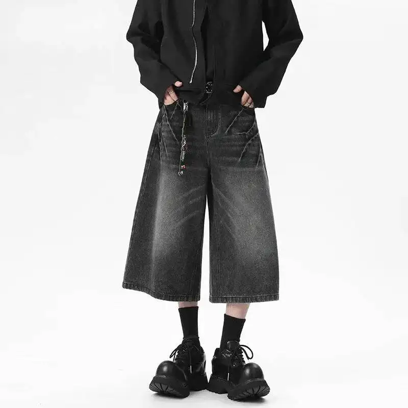 

Vintage Black Grey Men's Wide Leg Denim Shorts Casual Black Gradient Wash Pleated Design Denim Knee Length Pants 9X3PF7
