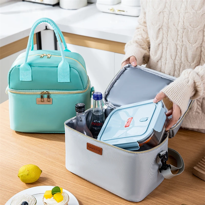 Double Layer Lunch Bag Thermal Insulation Lunch Box Storage Handbag Travel Picnic Food Pouch Multifunctional Mummy Shoulder Bags