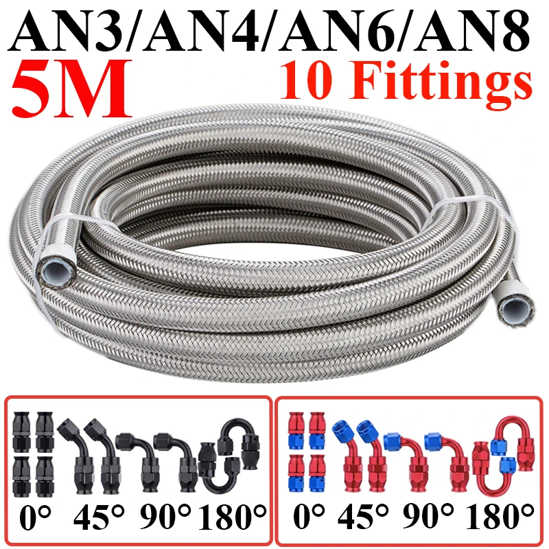 

5M AN3 AN4 AN6 AN8 E85 Stainless Steel PTFE Fuel Hose Oil Gas Cooler Line Pipe Tube 4x0° 2x45° 2x90° 2x180° Swivel End Fittings