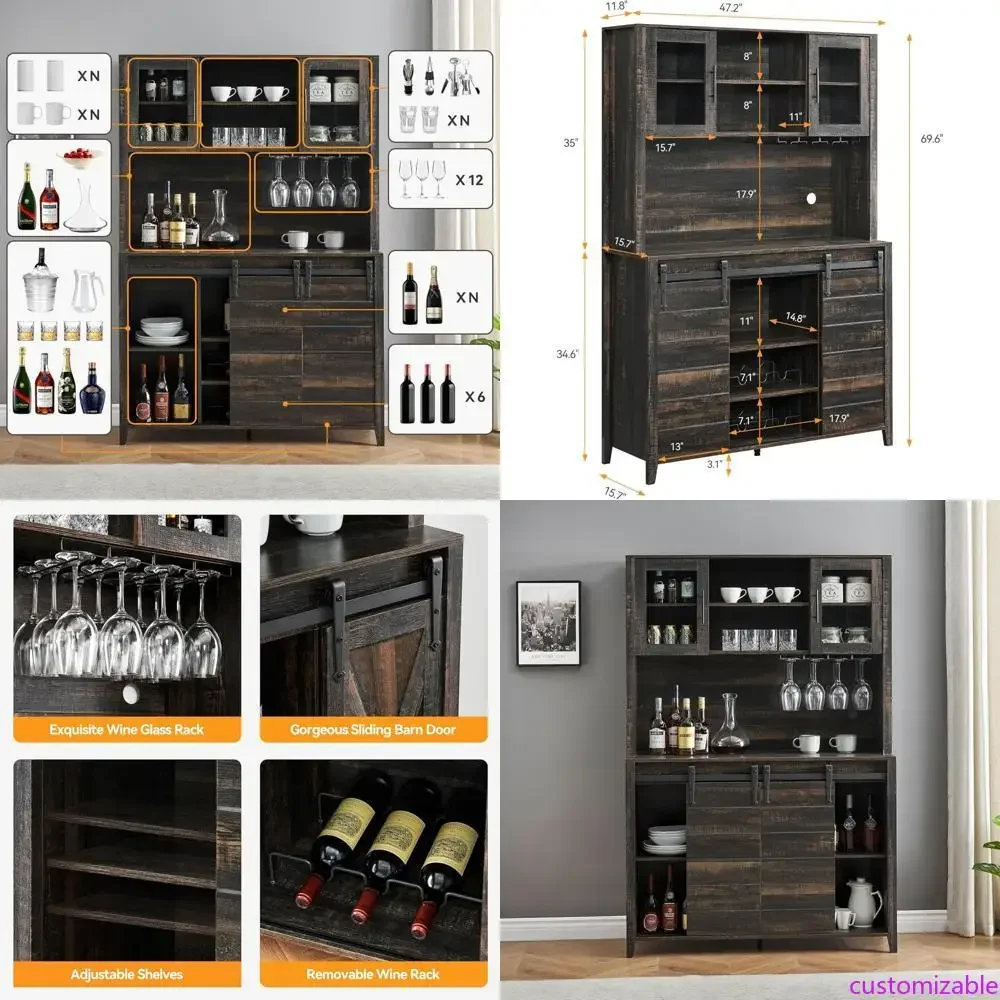 

70-Inch Tall Kitchen Pantry Cabinet with Sliding Barn Doors, Wine and Coffee Storage Hutch