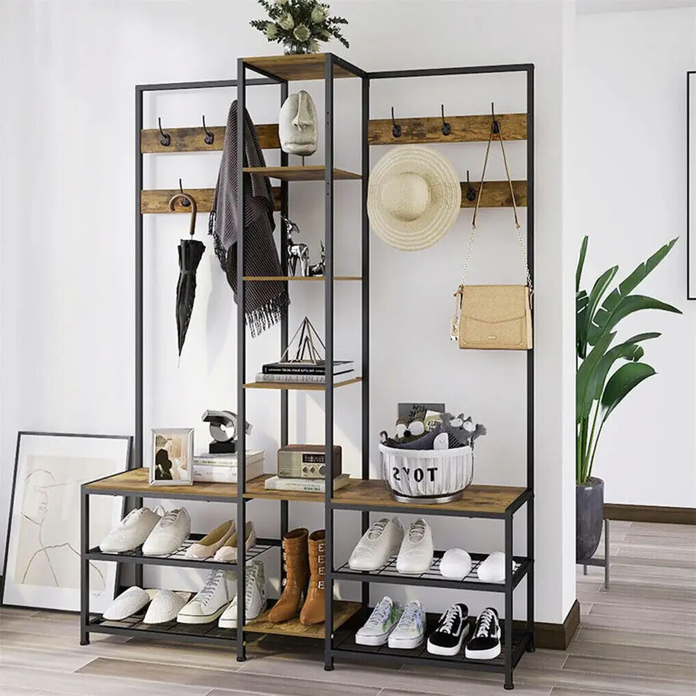 Large Entryway Bench with Coat Rack Hall Tree Shoe Storage Shelves with 10 Hooks