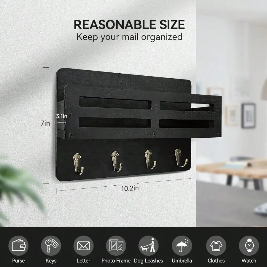 10-дюймовая черная стойка для ключей в деревенском стиле. Настенный 4-крючок, декоративный органайзер для ключей, почты и солнцезащитных очков.