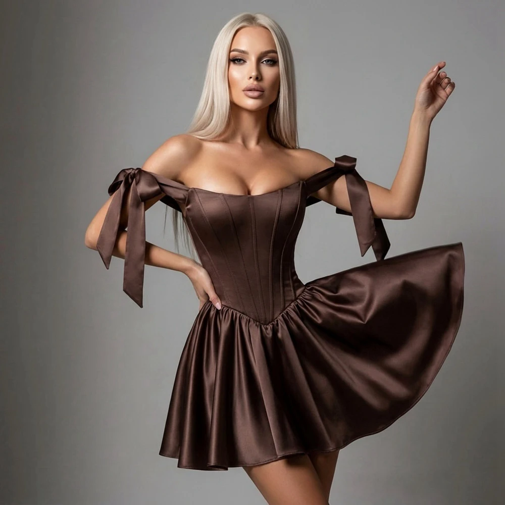 Mini abito da donna in raso con spalle scoperte e dettaglio fiocco Abito da sera vintage in taffetà Boho Abiti da sera estivi moderni