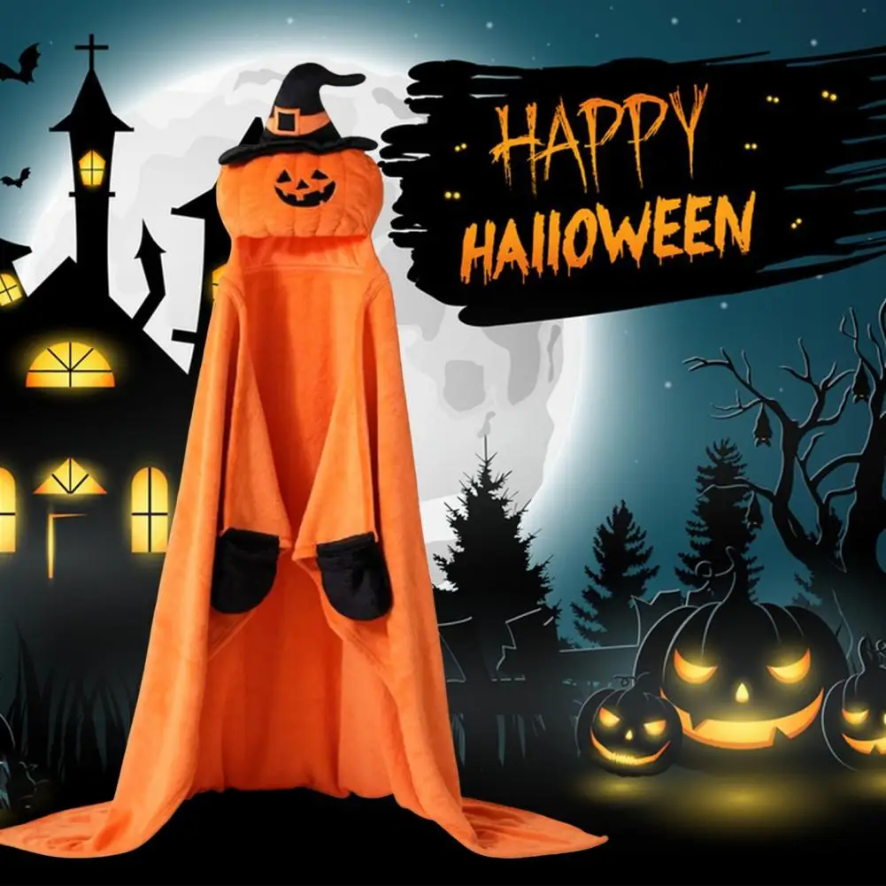 

Soft Flannel Hooded Cloak with Pocket Pumpkin Black Cat Cosplay Costume Halloween Wearable Hoodie Blanket for Adults