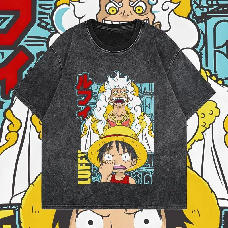 

ONE PIECE Animation Sailing King Nika Luffy Five-speed Washed and Old Printed Same Men's and Women's Retro Short-sleeved T-shirt