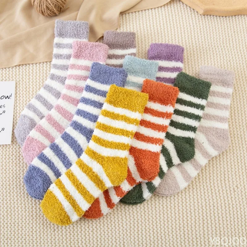 

10 Pairs Women's Cute Socks Women Striped Fluffy Coral Thick Warm Winter Socks women Indoor Floor Socks Women Cute Socks