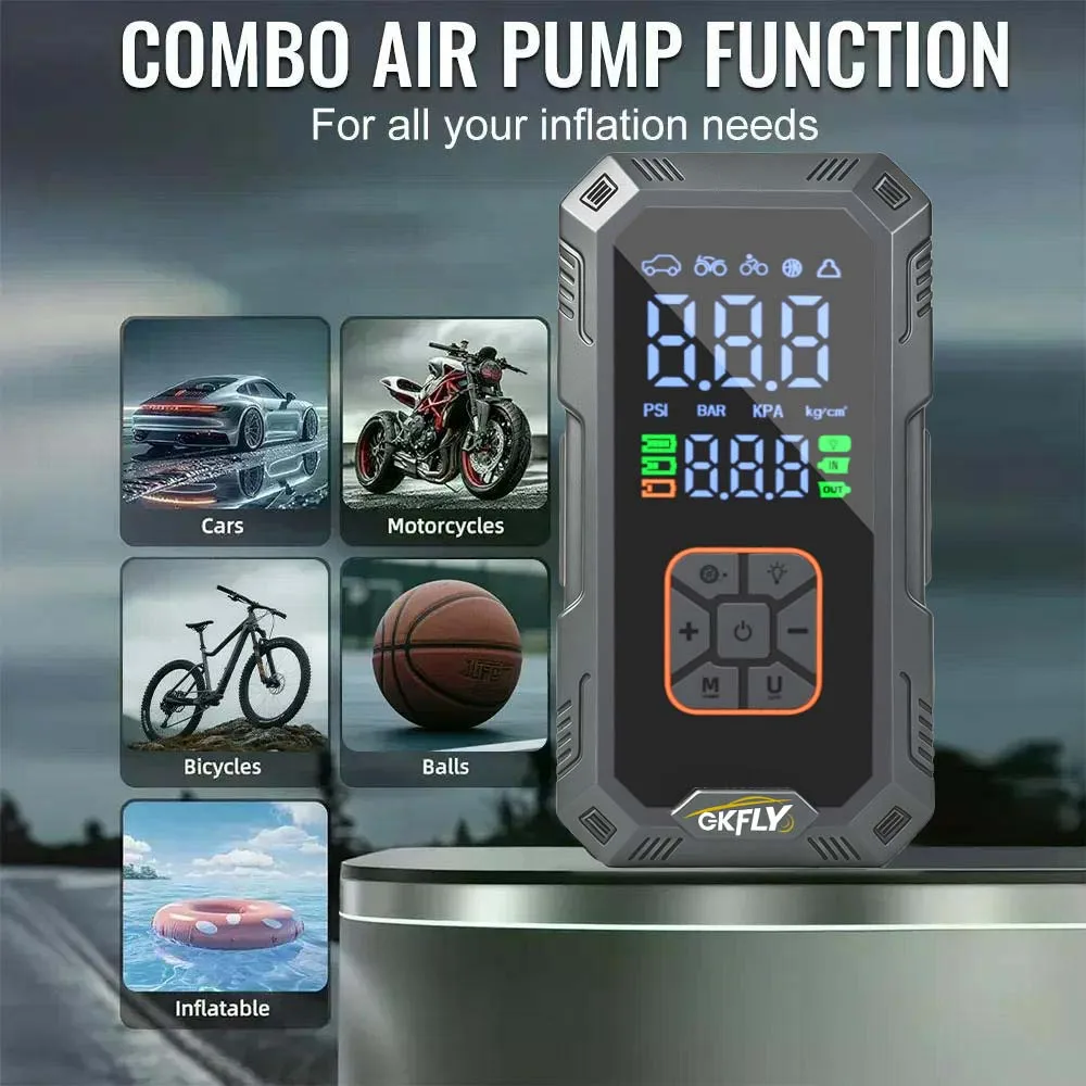 GKFLY 8000A Car Jump Starter 150PSI Air Compressor 4-in-1 12V Booster Power Bank for 10L Gas 8L Diesel SUV Truck
