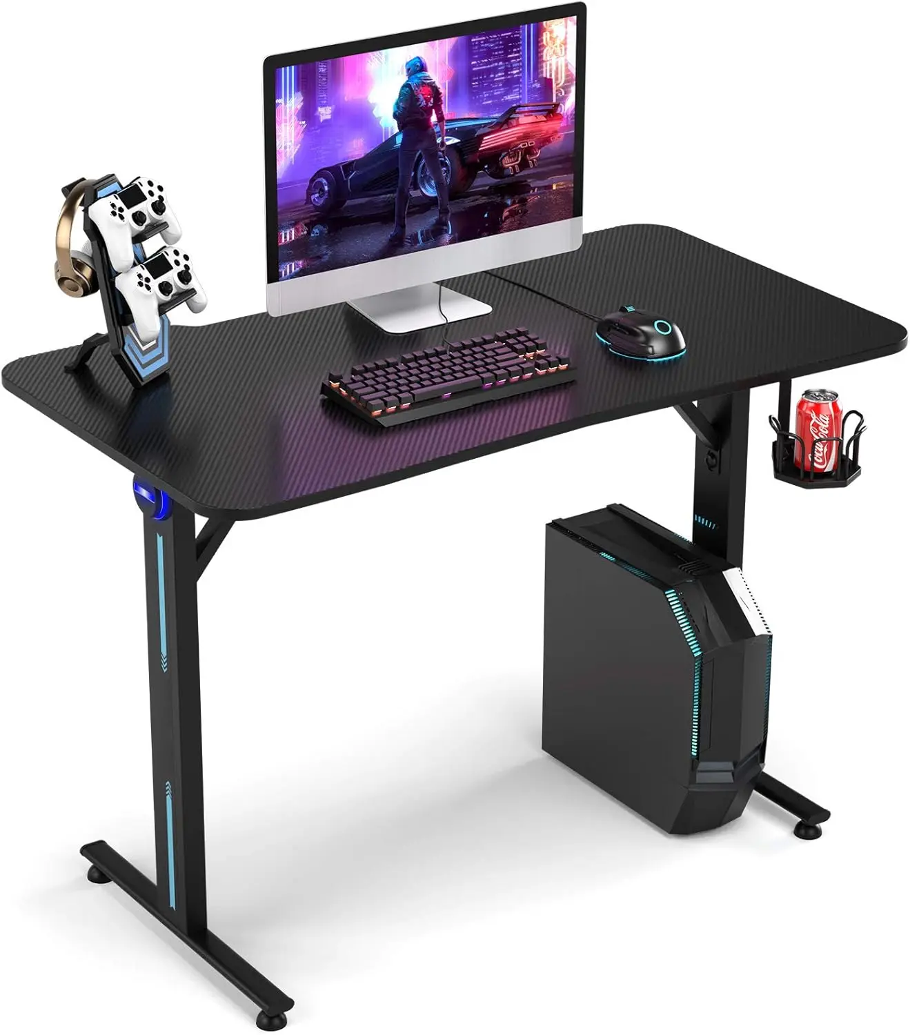 Gaming Desk Black with Game Controller Stand and Cup Holder Ergonomic Home Office Game Station Fiber Surface