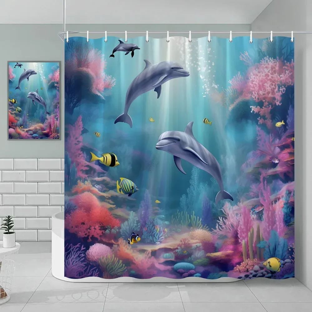 مجموعة ستائر الدش المصنوعة من القماش على شكل سلحفاة البحر الأخضر البحري على الشاطئ، ديكور المحيط الأزرق مع الحلقات والخطافات #1