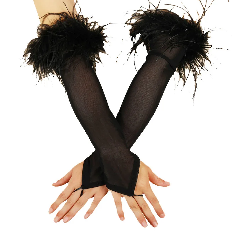 

Halloween gloves Euro-American bridal party ball gloves Fashion hook finger mesh lace black feather gloves C062-9