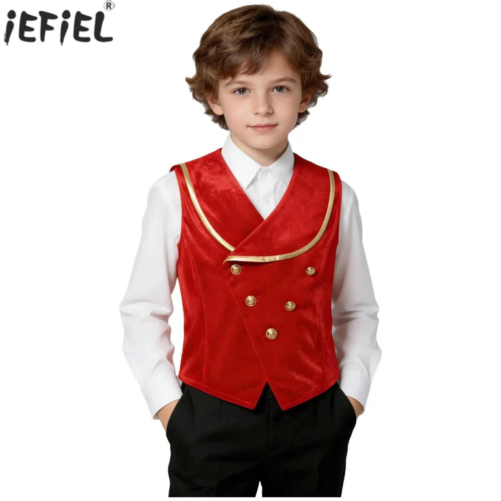 Kids Boys Medieval Velvet Vest Halloween Gothic Steampunk Victorian Costume Metallic Trim Lapel Sleeveless Button Waistcoat
