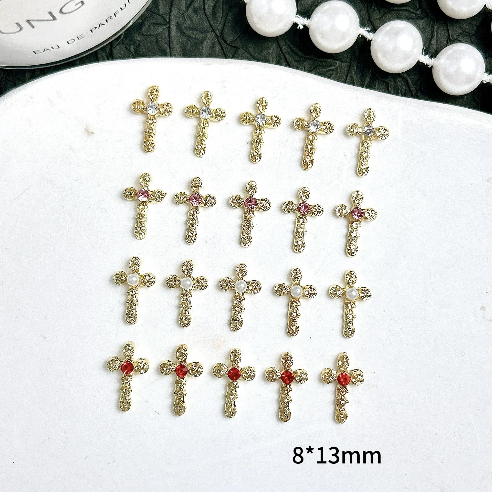 10PCS Light Luxury Retro Alloy Cross Nail Art Decorations Colorful Mini Rhinestones Pearl Inlaid Nail Charms for DIY Cool Nails