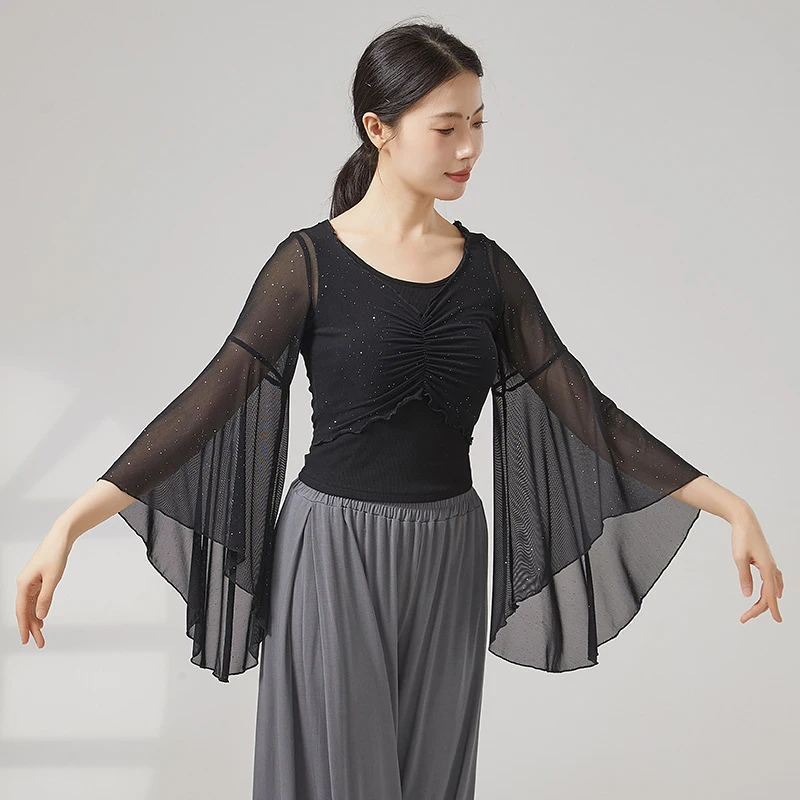 Classical Dance Top Women Flared Sleeve Shirt Spliced Mesh Training Performance Competition Costume Flowy Chinese Folk Dancewear