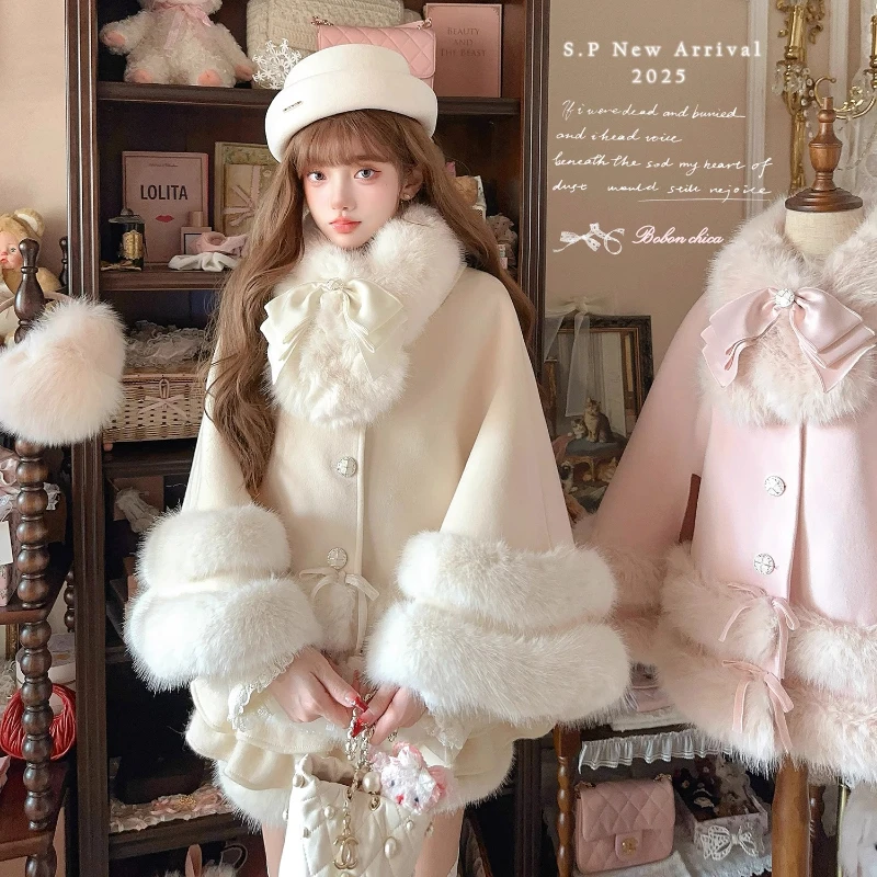 Sweet Princess Style Capes Winter New Japanese and Korean Fashion Women's Loose Plush Thickened Single-Breasted Jacket Ponchos