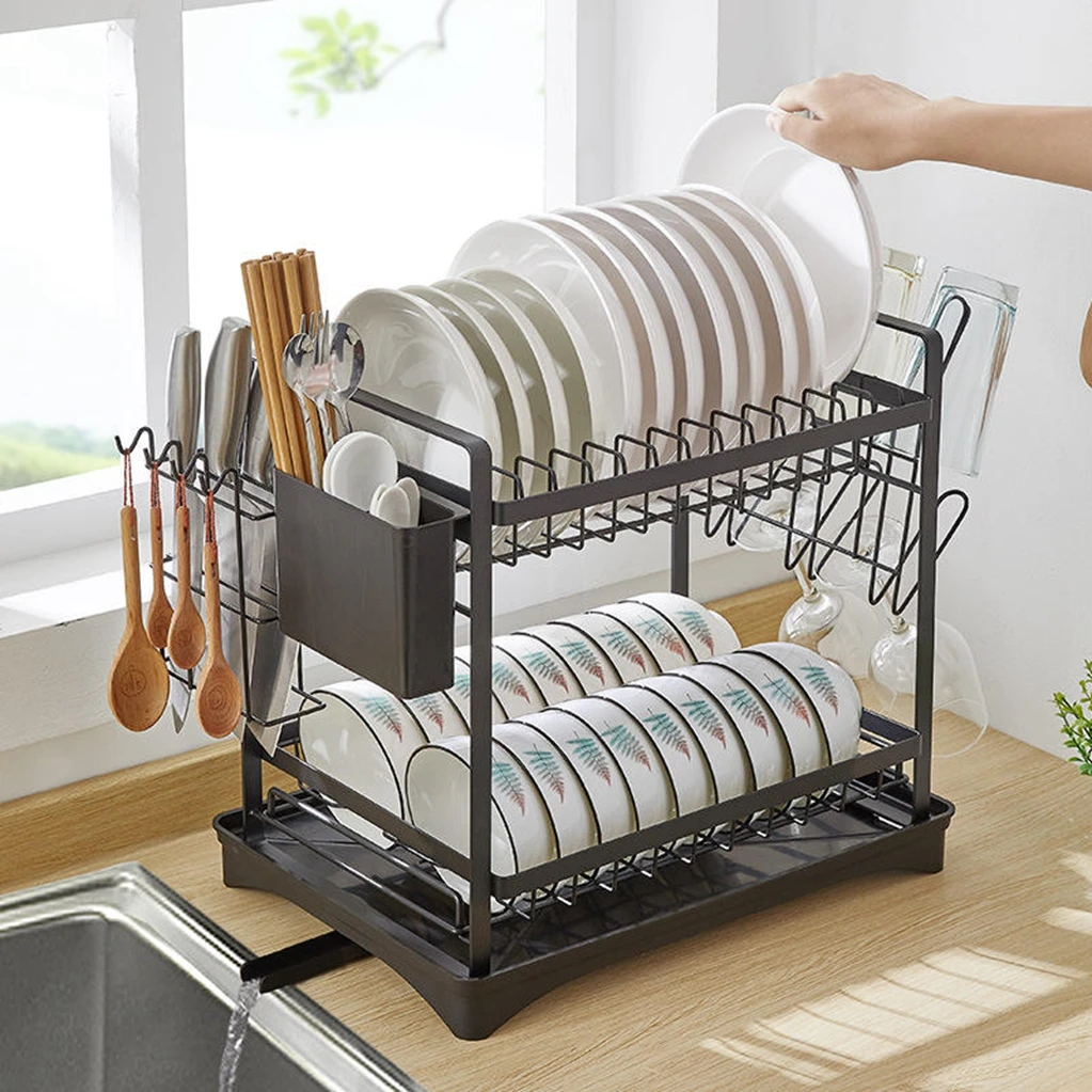 kitchen accessories holder organizer storage rack standing 2 tier stainless steel over sink dish drainer plate dish drying rack