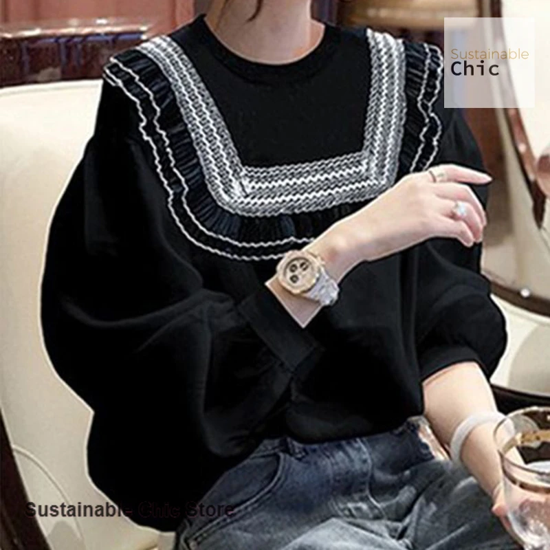 

Korean black lantern sleeve loose casual top women's spring and autumn new small fragrance long sleeve lace slim Joker shirt