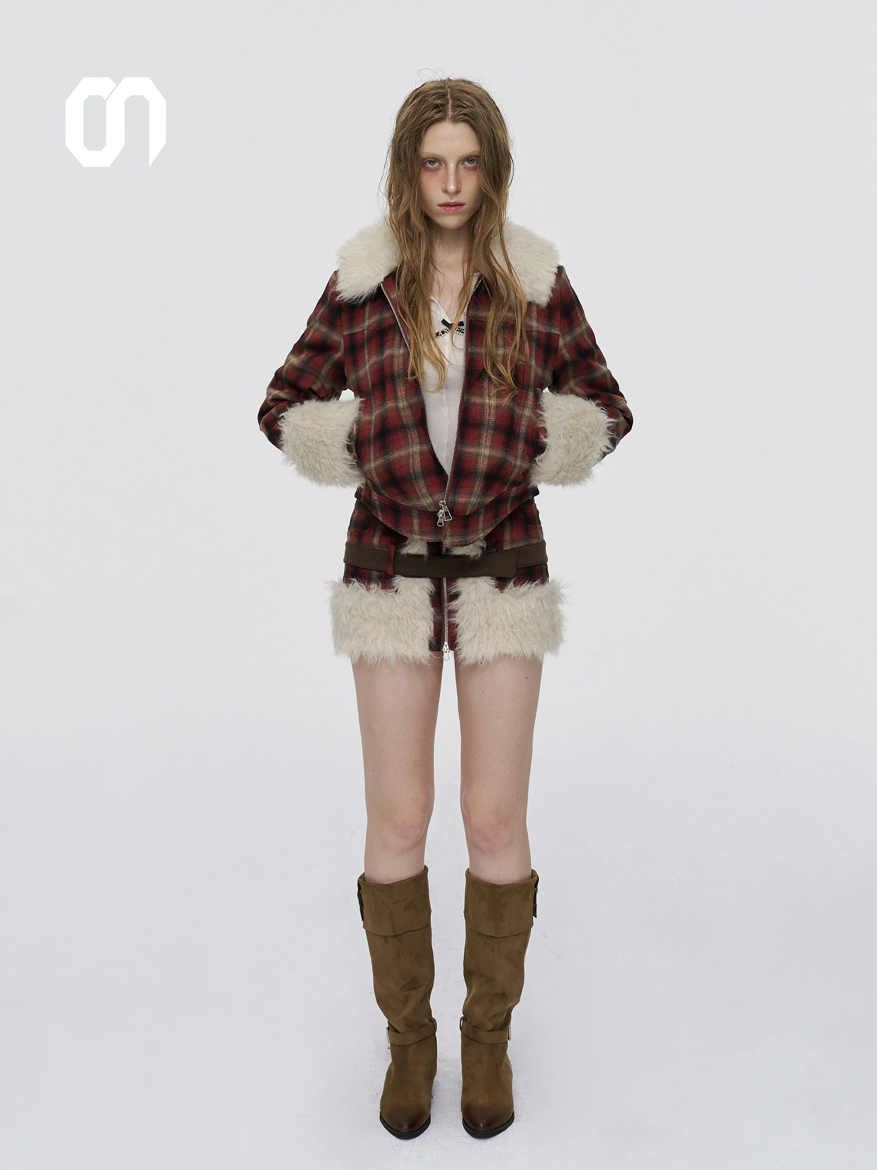 

Amee Modern Retro Cisas Red Plaid Patchwork Fur Set Irregular Hem Cotton Jaet Color Blo f Skirt Women's Clothing