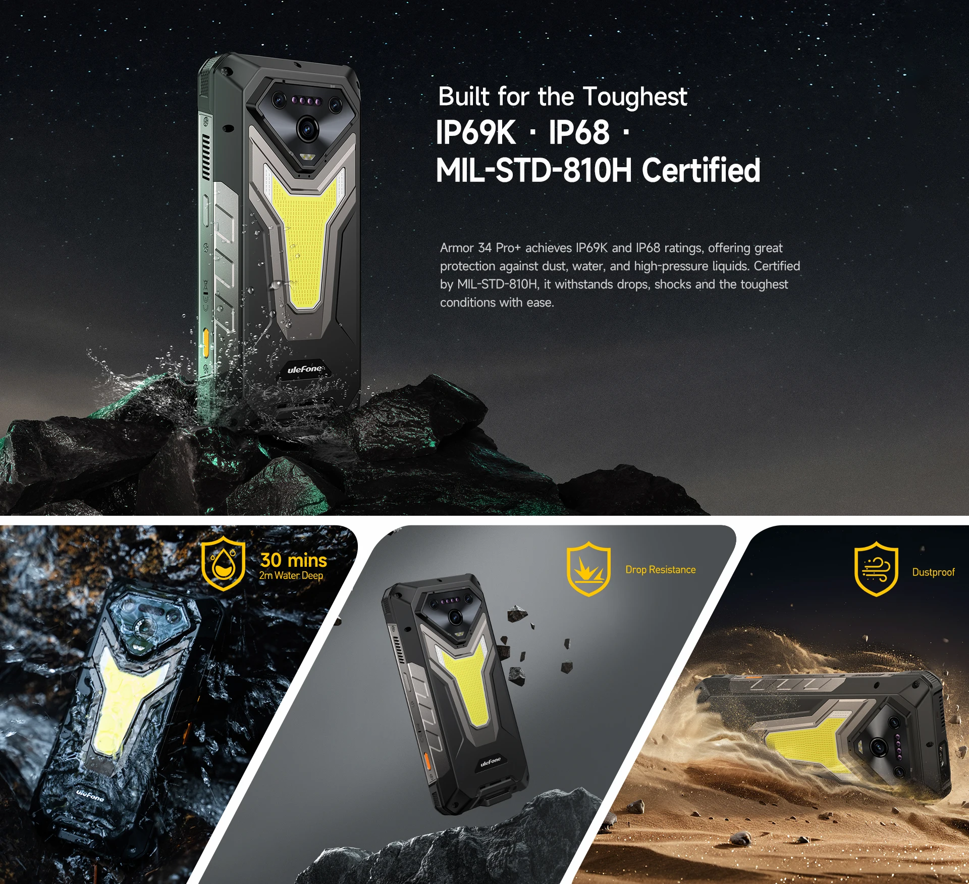 Ulefone Armor 34 Pro+ Projector Rugged Phone 16GB+512GB Night Vision 6.95'' Android 15 Dimensity 7300 25500mAh 5G Smartphone