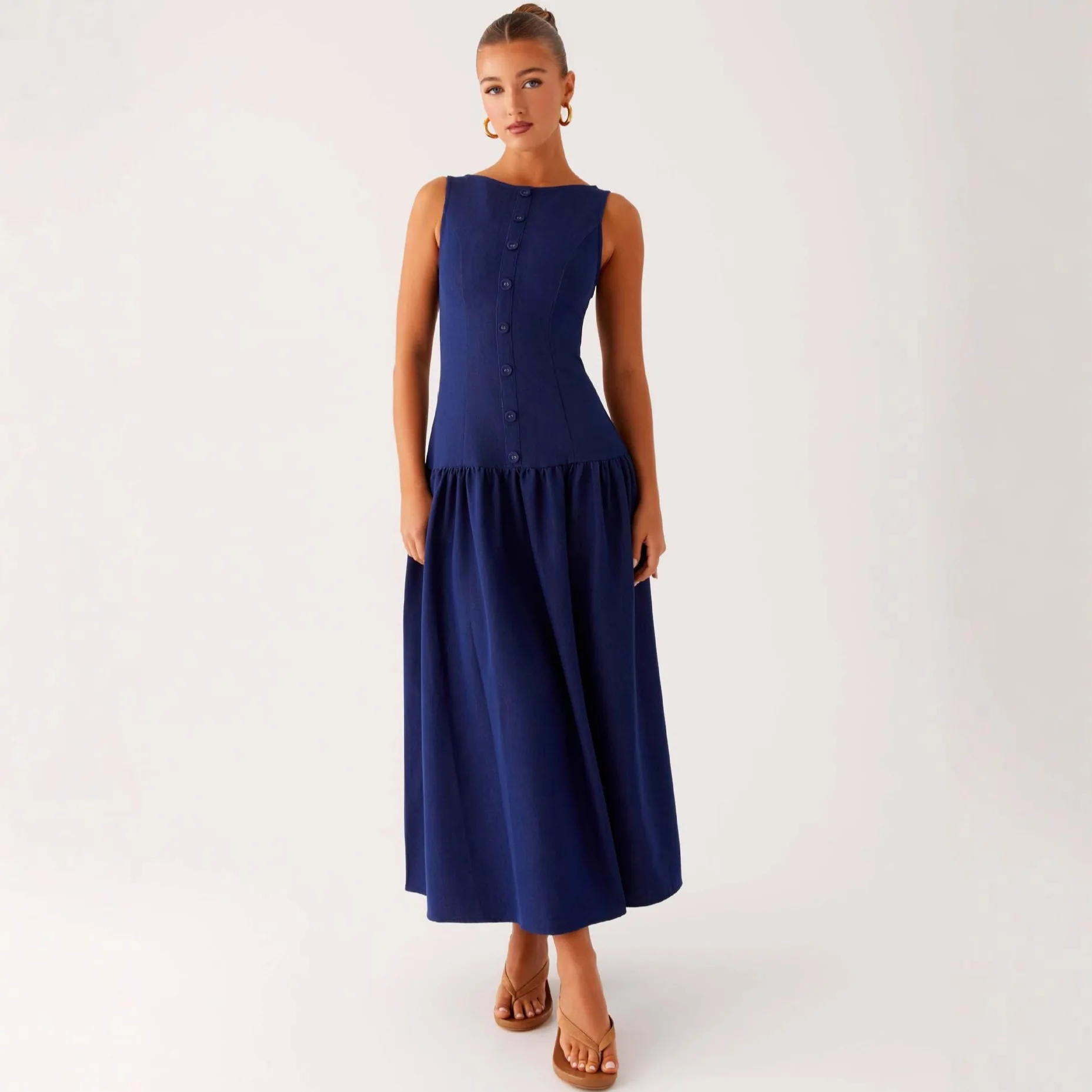 Euro-americano feminino novo primavera-verão chique cor sólida painéis fino-encaixe denim botão sem mangas maxi vestido