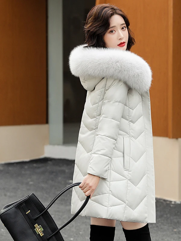 

Женская кожаная шуба Ning из натуральной кожи, средней длины, приталенная, модная, с меховым воротником, пуховик на молнии, для повседневной носки