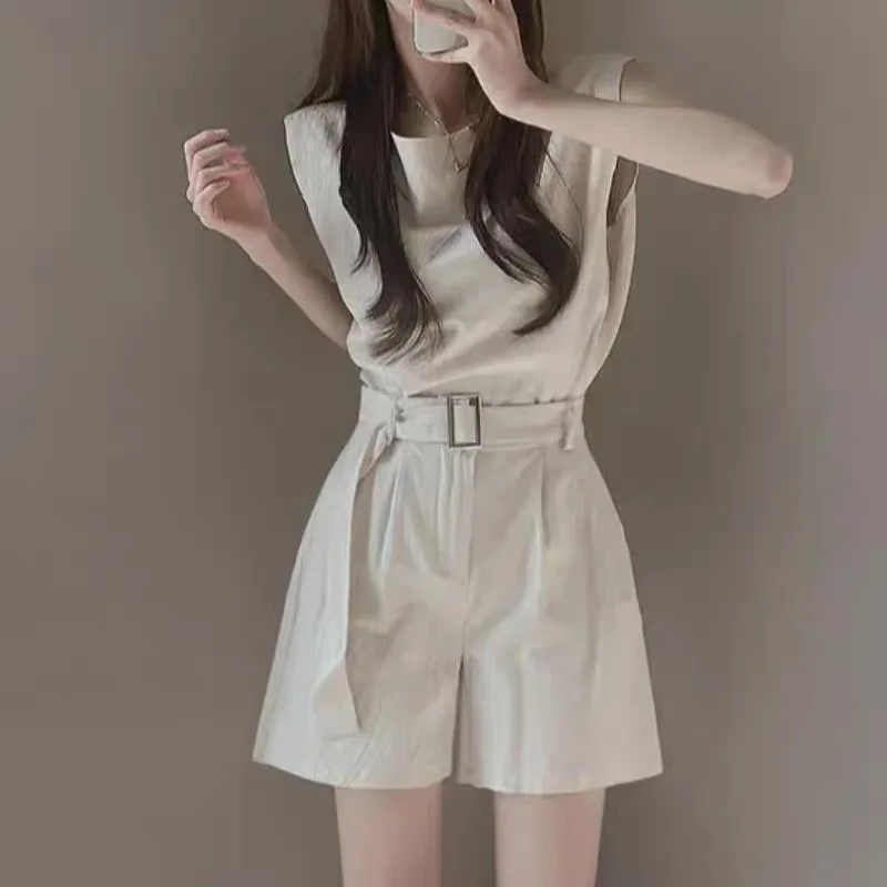 Chic Retro Faion Cotton Linen Svel Vest Top Loose orts Two Piece Set Women's round Ne Pullover Summer Outfit