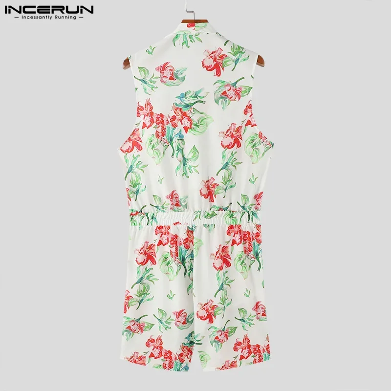 INCERUN Men Rompers Flower Printing Lapel Sleeveless Lace Up Casual Jumpsuits Shorts Streetwear Summer 2024 Fashion Playsuits