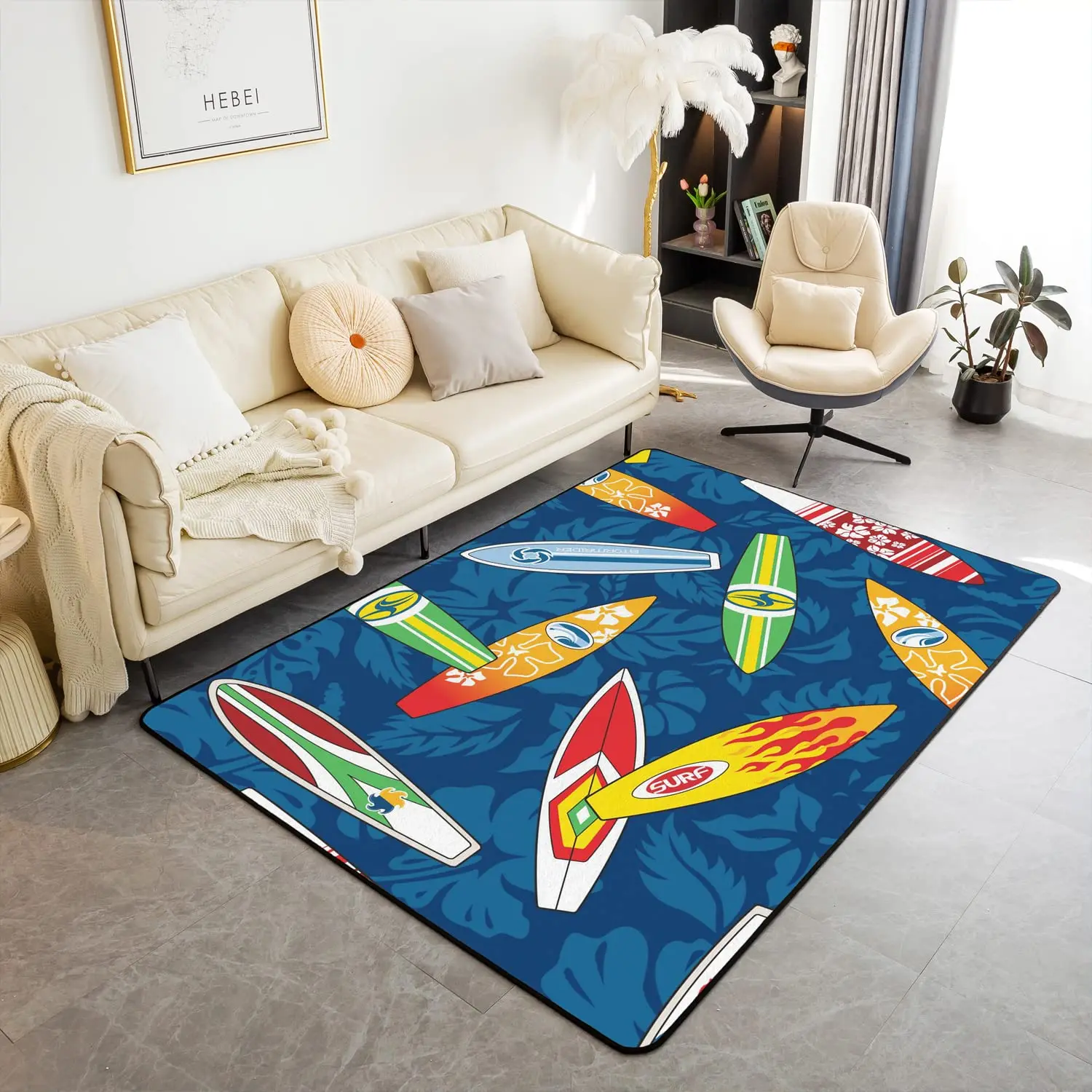 

Surfboard Area Rug For Living Room Extreme Sport Carpet, Hawaii Summer Tropical Leaves Floor Mat Ocean Beach Decorative Doormat