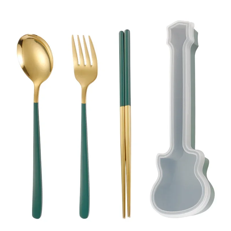 2/3Pcs Cutlery Set Fork Spoon Chopsticks Dinnerware Set 304 Stainless Steel Children Adult Portable Travel Flatware Guitar Box