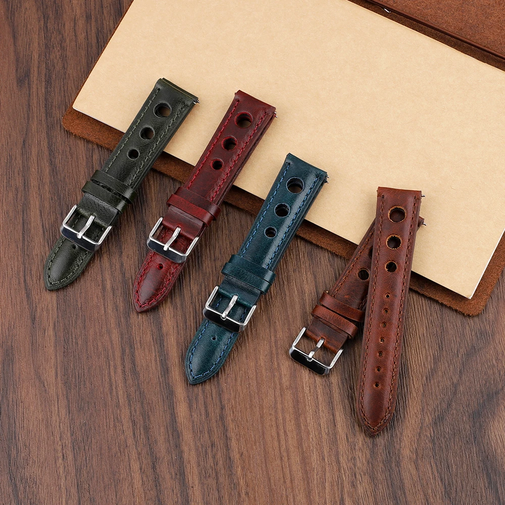 Leather Watchband Breathable Crazy Horse Oil Wax Watch Strap 18mm 20mm 21mm 22mm Quick Release Wristband Pin Buckle Band