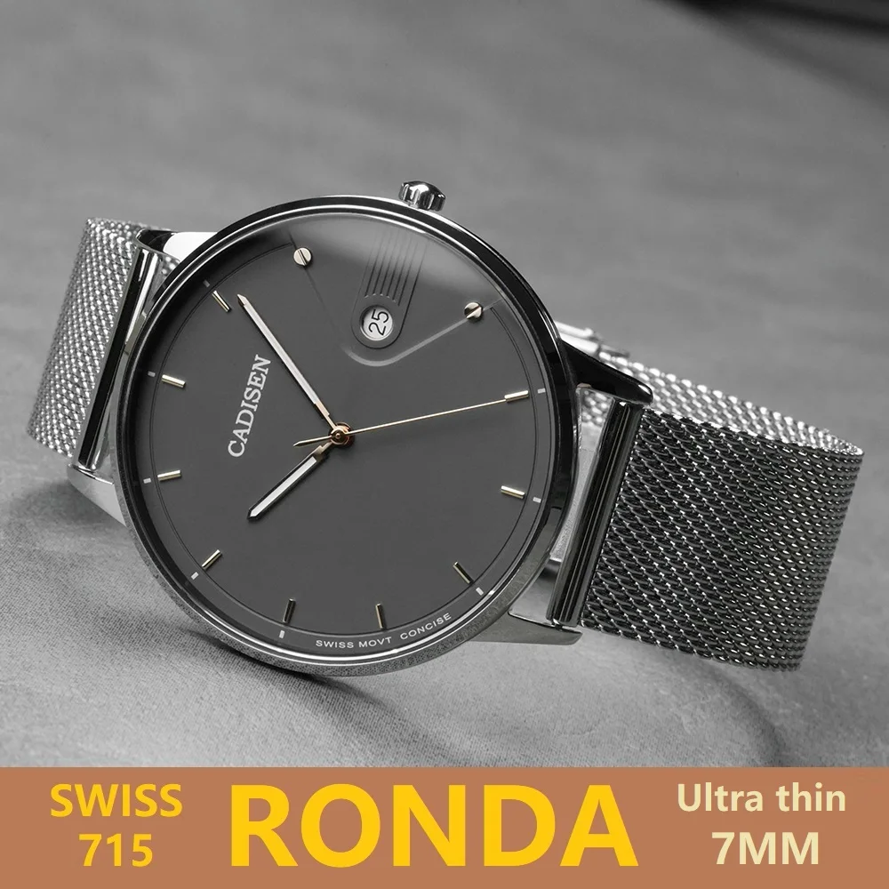 

CADISEN Swiss Ronda 715 Кварцевые часы Мужские 7 мм Ультратонкий циферблат с сапфировым стеклом Светящиеся часы из нержавеющей стали Milano с сетчатым ремешком Мужские часы