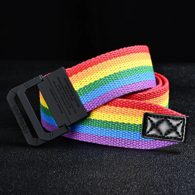 Colorful Belts For Women Metal Double Ring Buckle Canvas Webbing Rainbow Belt Street Youth Fashion Casual Nylon Jeans Waist Belt