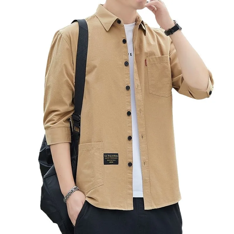Summer Trendy Versatile 7-quarter Sleeve Shirt Men's Work Shirt Loose Short-sleeved Top Jacket