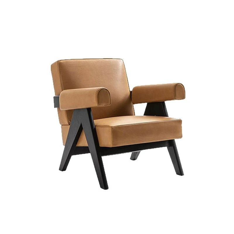 

Leather retro sofa chair, hotel homestay solid wood single leisure chair