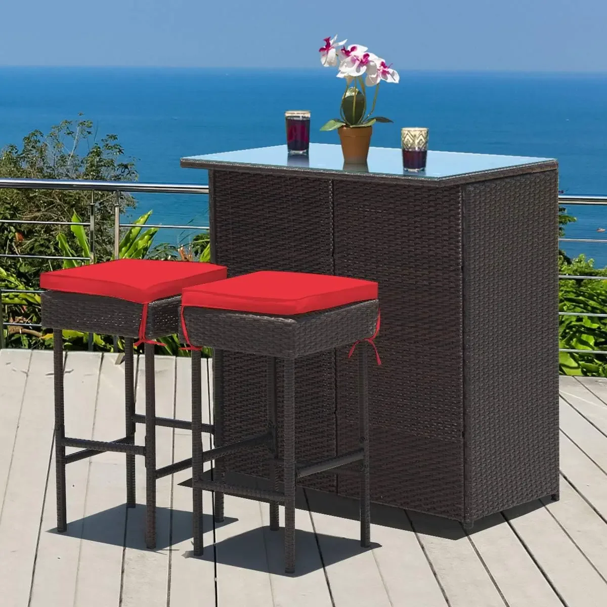 Pátio Rattan Wicker Bar Set, Mobília ao ar livre, Glass Top Table, 2 Almofadas Bancos, 3 Pcs