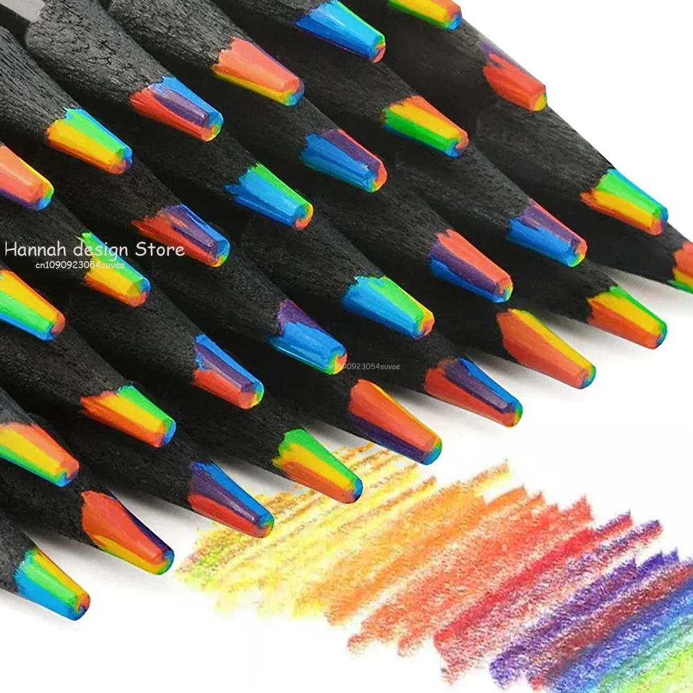 Crayon de couleur arc-en-ciel nickel é en bois noir pour enfants, crayon de croquis, fournitures scolaires, 7 documents