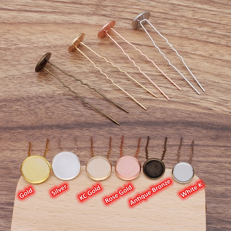 BoYuTe (50 Pieces/Lot) Round Bezel Tray Blank U Wavy Hair Fork DIY Hairpin Base Settings Hanfu Hair Accessories
