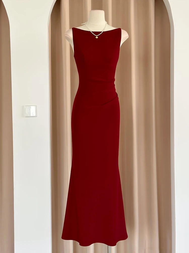 

Red Wedding Dress Luxury Satin Fabric Engagement Party Evening Gown Fashionable High Waist Slim Fit Mid-Length Single Sleeve
