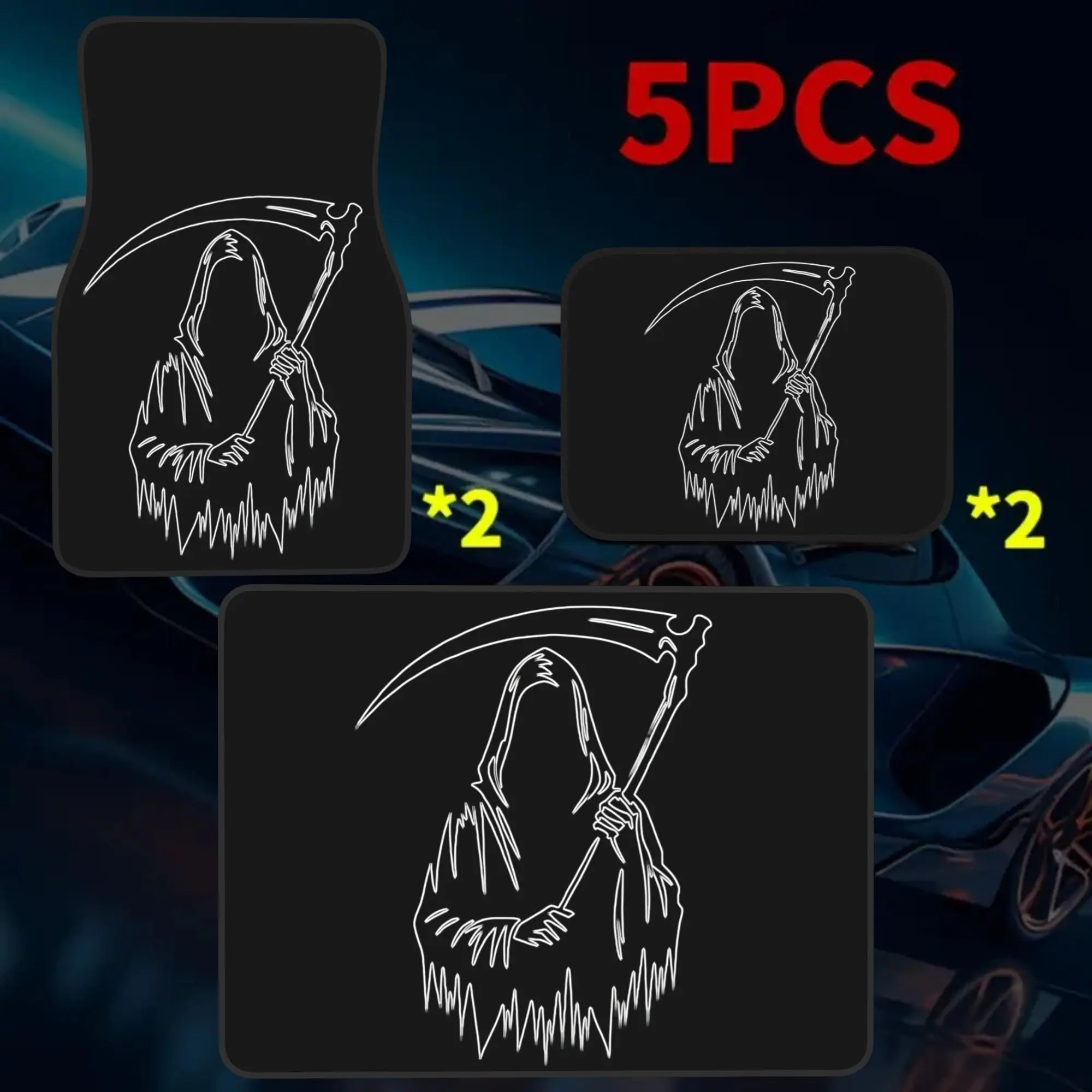 5pcs Dark Gothic Death Silhouette Graphic Printed Car Mats Set (4 Floor Mats + 1 Trunk Mat), Made Of Durable Elegant Interior Pr