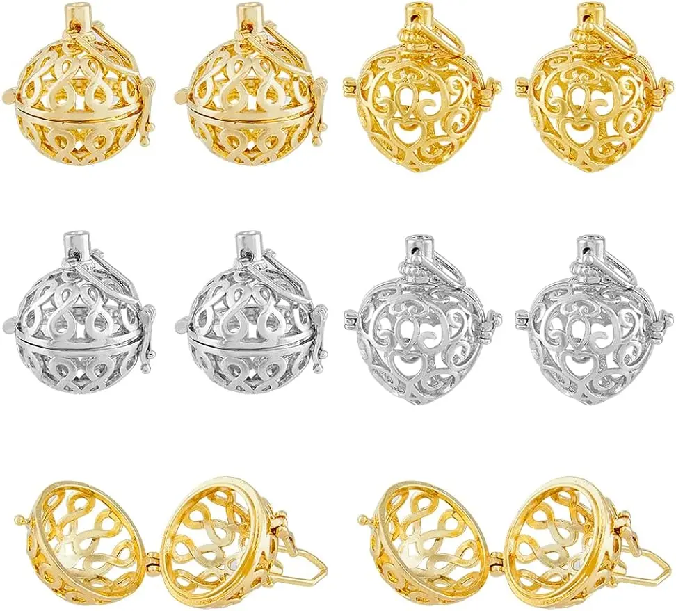 8Pcs 2Colors 2Styles Chime Ball Pendants Round Heart Cage Pendants Platinum Golden Tumbled Rock Bead Cage Hollow Cage Pendants