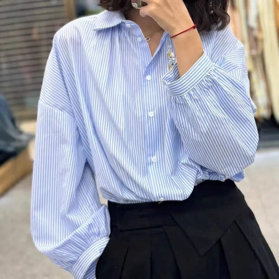 Withered Classic Versatile Slimming Cotton Poplin Striped Shirt Top Clothes Shirts & Blouses Women's Clothes Shirts Tops