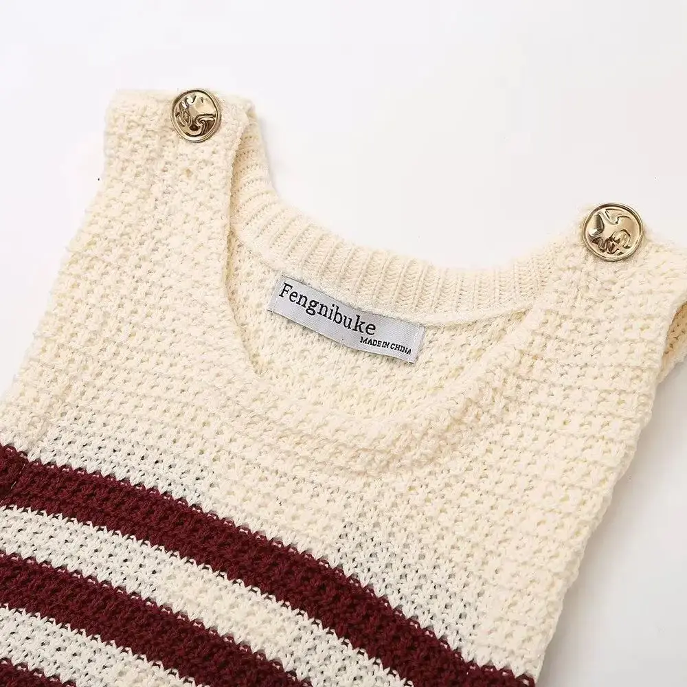 TRAF Women Fashion Stripe Gold Button Pullover Round Neck Knitted Sweater Vest Sweet Korean Clothing Chic Ladies Tops 6771/044