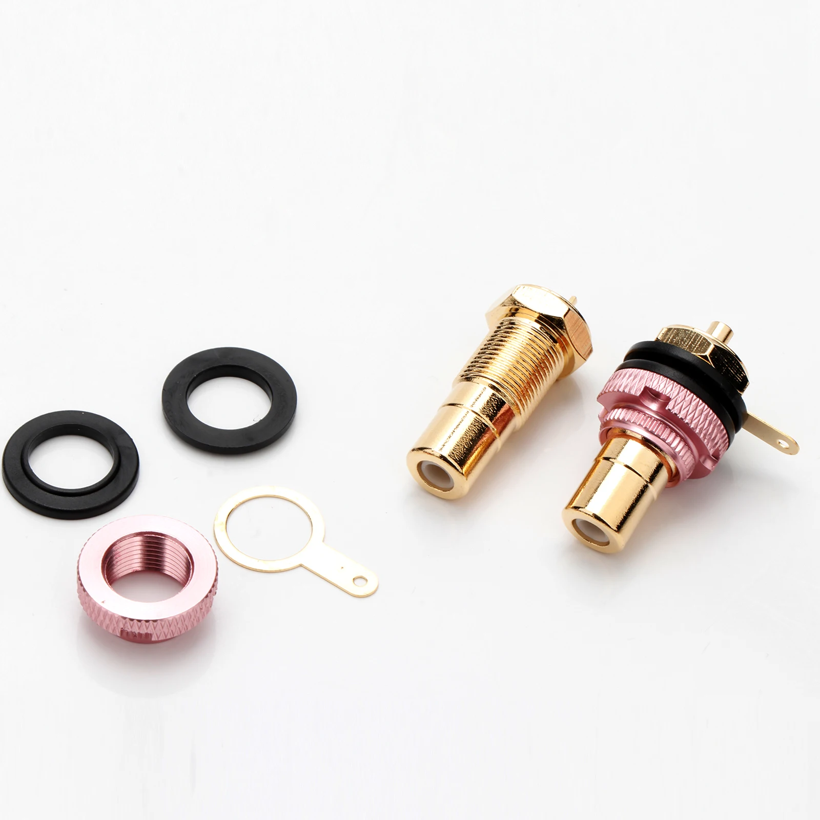 Gold-Plated RCA Phono Female Socket Adapter - Brass Construction, Weld Connection, 10mm Diameter Hole, 30mm Length