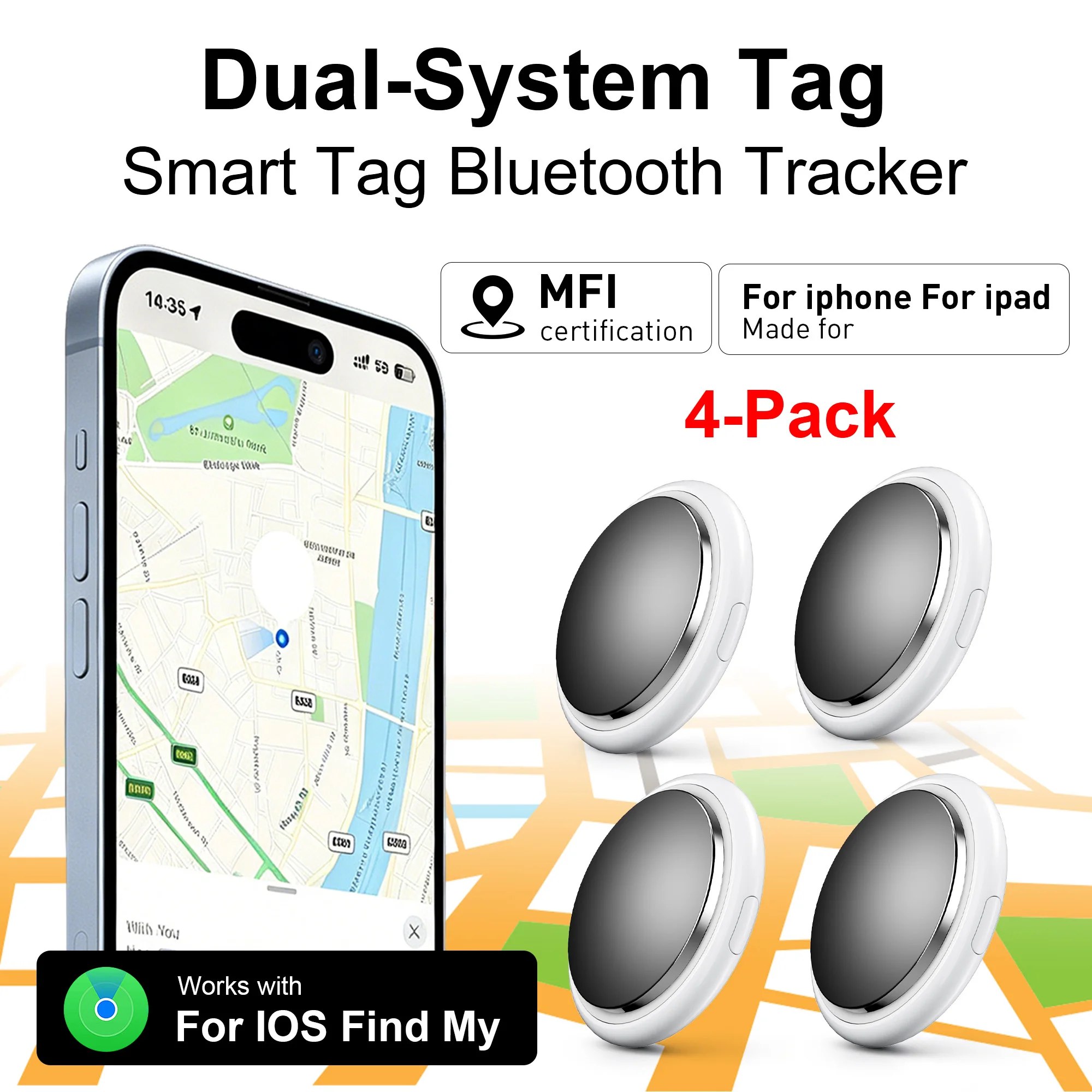 Bluetooth Tracker Tag 4 Pack for IOS Find My, Smart Key Finder Locator, Lightweight Anti-Lost Alarm for Bags & Pets